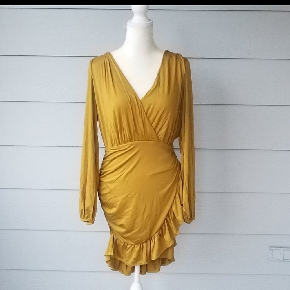FP Beach Miami Ruched Overlapping Front Ruffled Mini Dress. Mustard Yellow LG